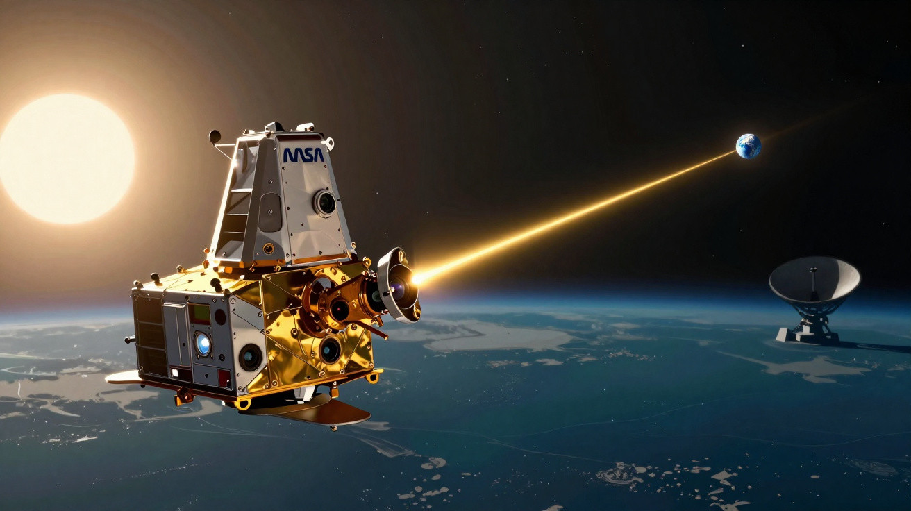 Satélite da NASA no espaço emitindo feixe de luz em direção à Terra com o Sol ao fundo.