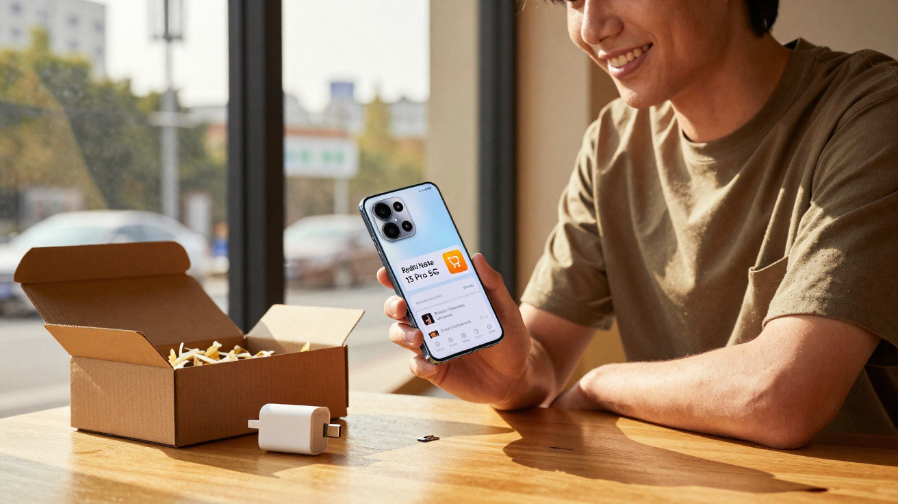 Homem sorridente segurando smartphone recém-desembalado próximo a caixa e carregador na mesa.