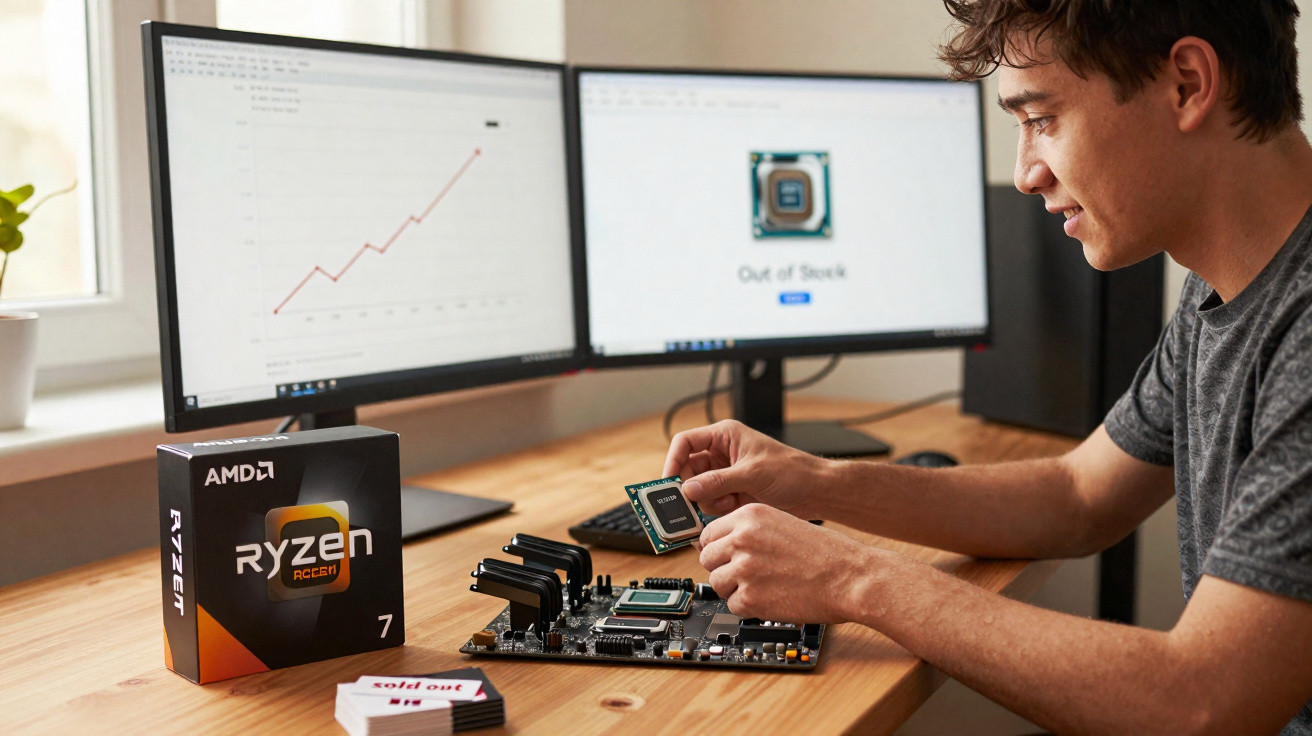 Homem instala processador AMD Ryzen 7 em placa-mãe sobre mesa com dois monitores ao fundo.