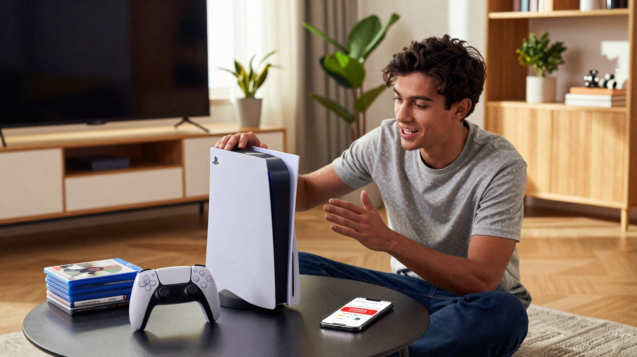 Homem sorrindo sentado no chão com console PlayStation 5, controle, jogos e smartphone na mesa.