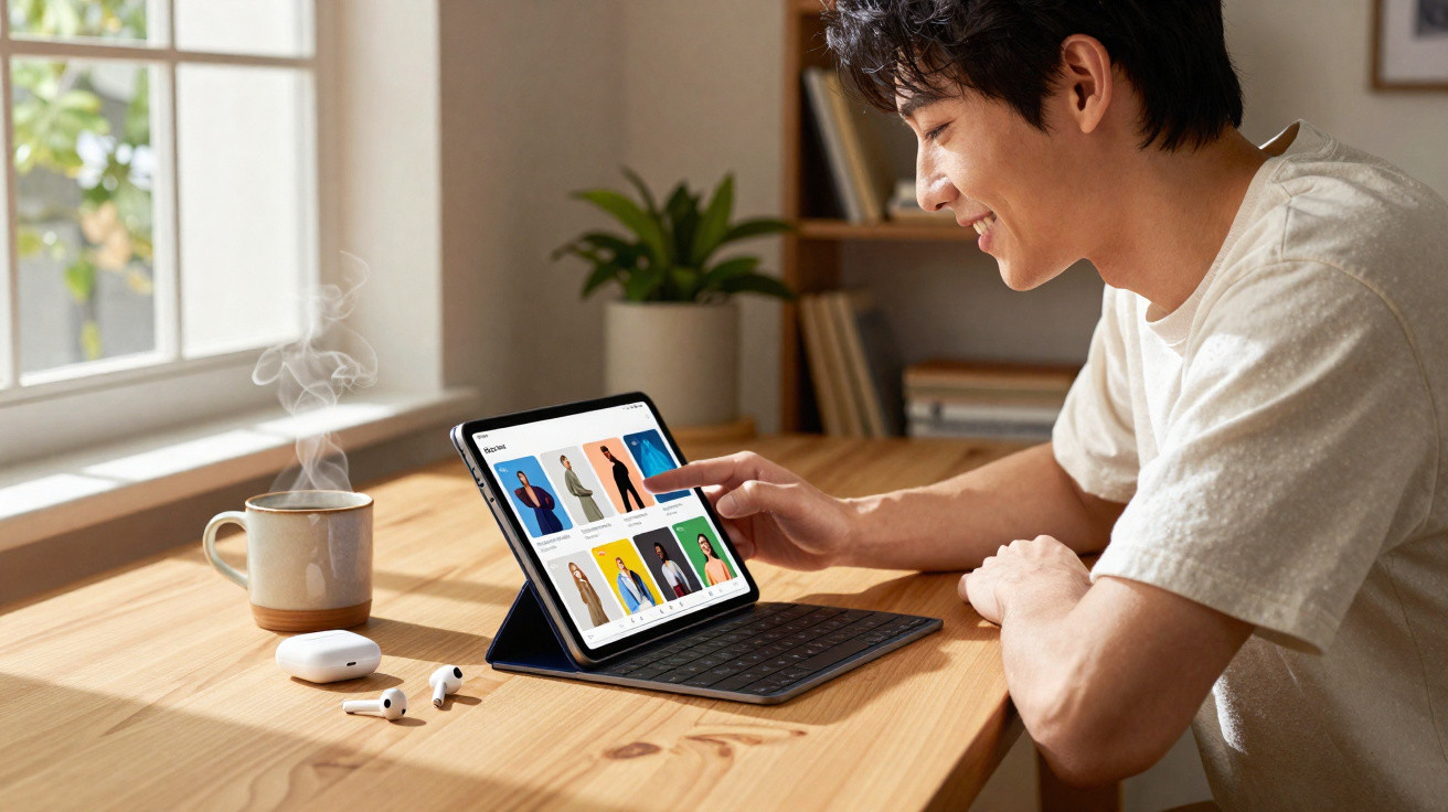 Homem sorridente usando tablet com teclado em mesa de madeira ao lado de xícara de café e fones.