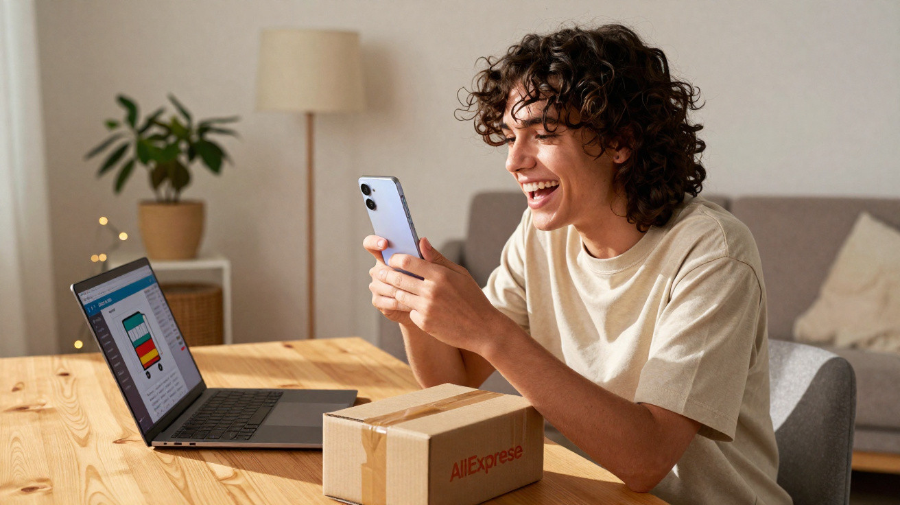 Jovem sorrindo ao usar celular em mesa com laptop e caixa do AliExpress dentro de sala iluminada.