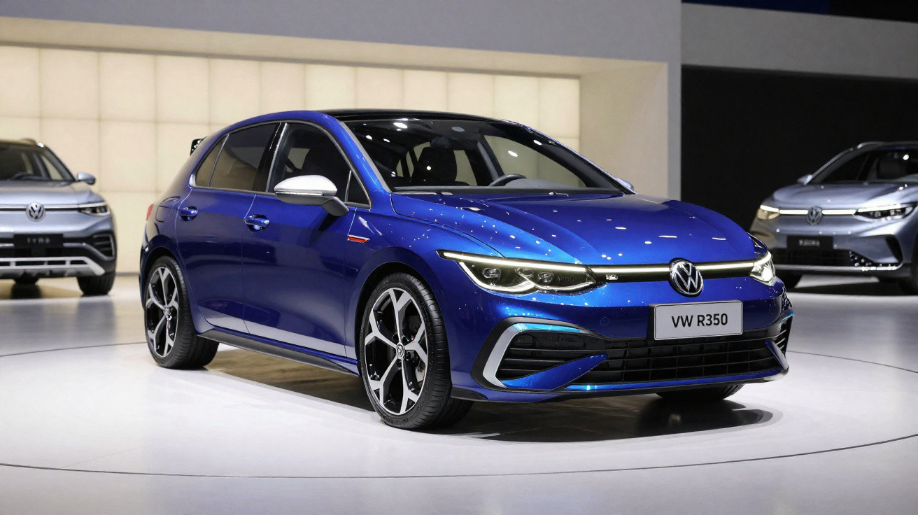 Carro Volkswagen VW R350 azul em exposição em salão automotivo com outros modelos ao fundo.