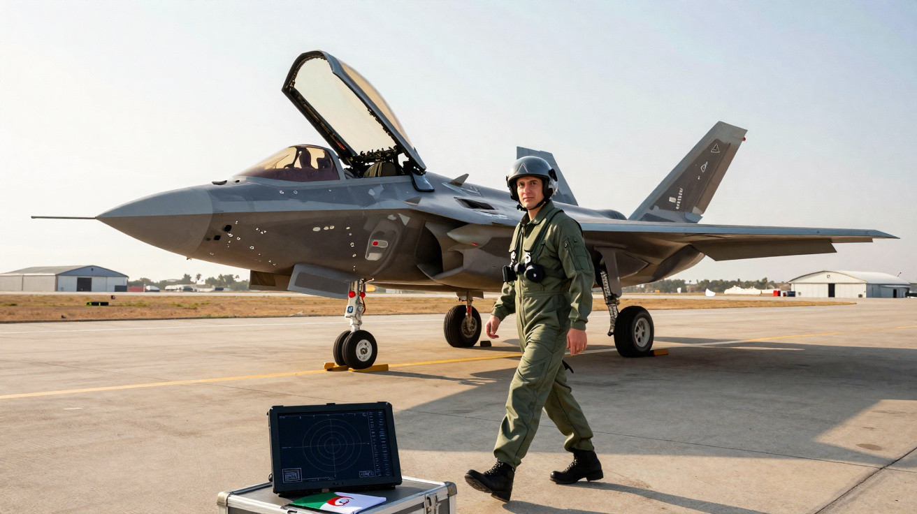 Piloto militar caminhando próximo a caça F-35 estacionado em pista de aeroporto sob céu claro.