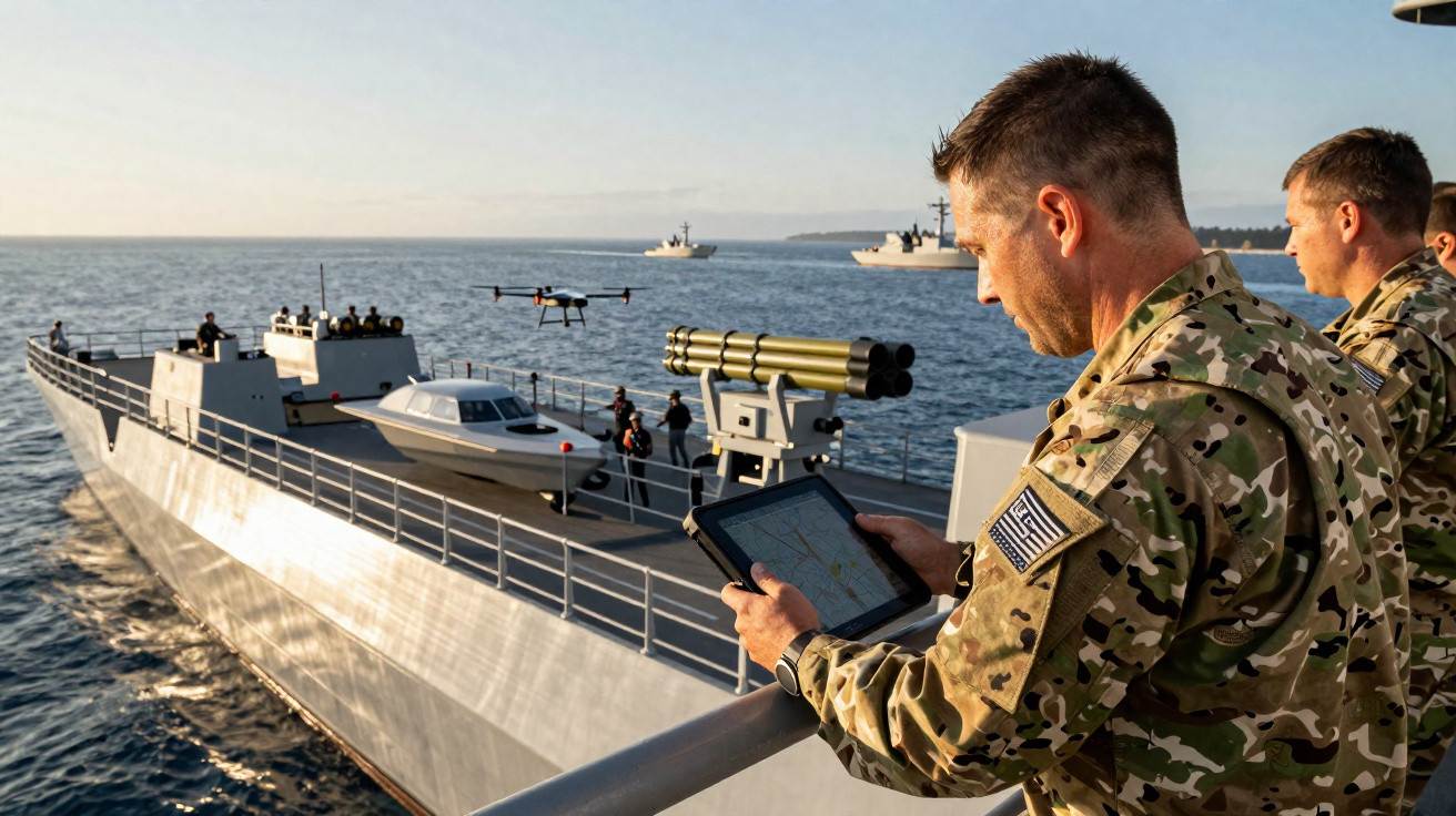 Dois soldados em uniforme camuflado com tablet observam barco naval com drone e equipamentos no mar ao pôr do sol.