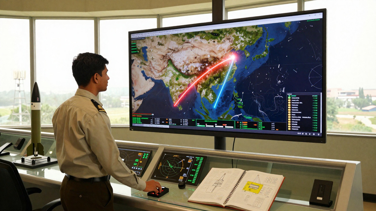 Homem em uniforme militar monitora rota de mísseis em grande tela com mapas e gráficos digitais.