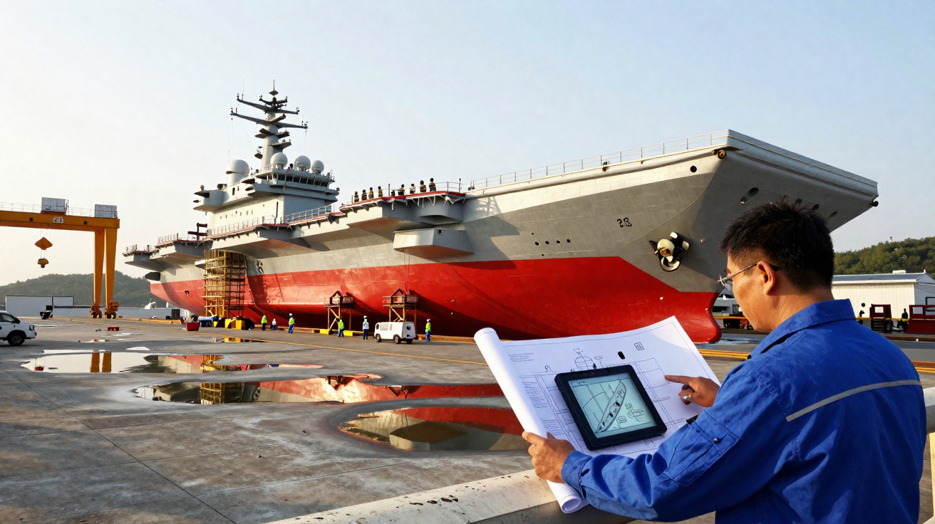 Homem com roupa azul analisa projeto na frente de grande navio militar vermelho e cinza em estaleiro.