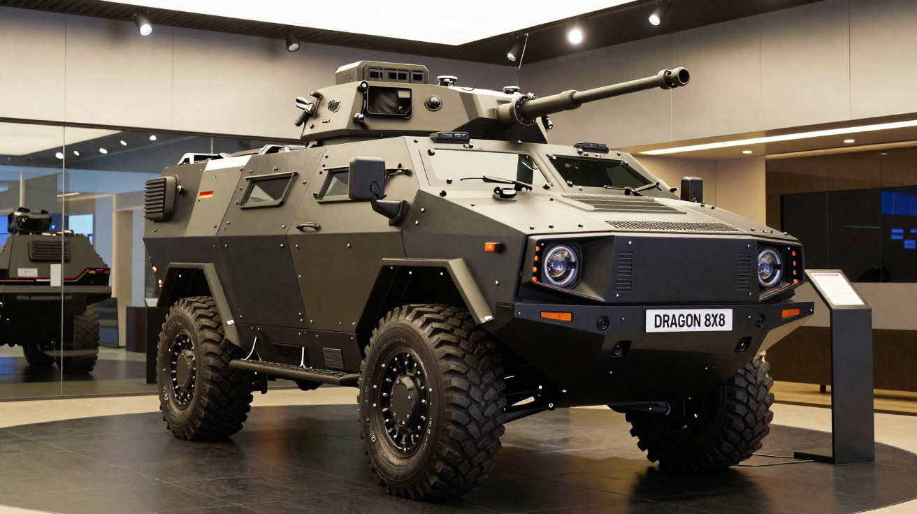 Veículo blindado militar Dragon 8x8 cinza exibido em ambiente interno com rodas grandes e canhão frontal.