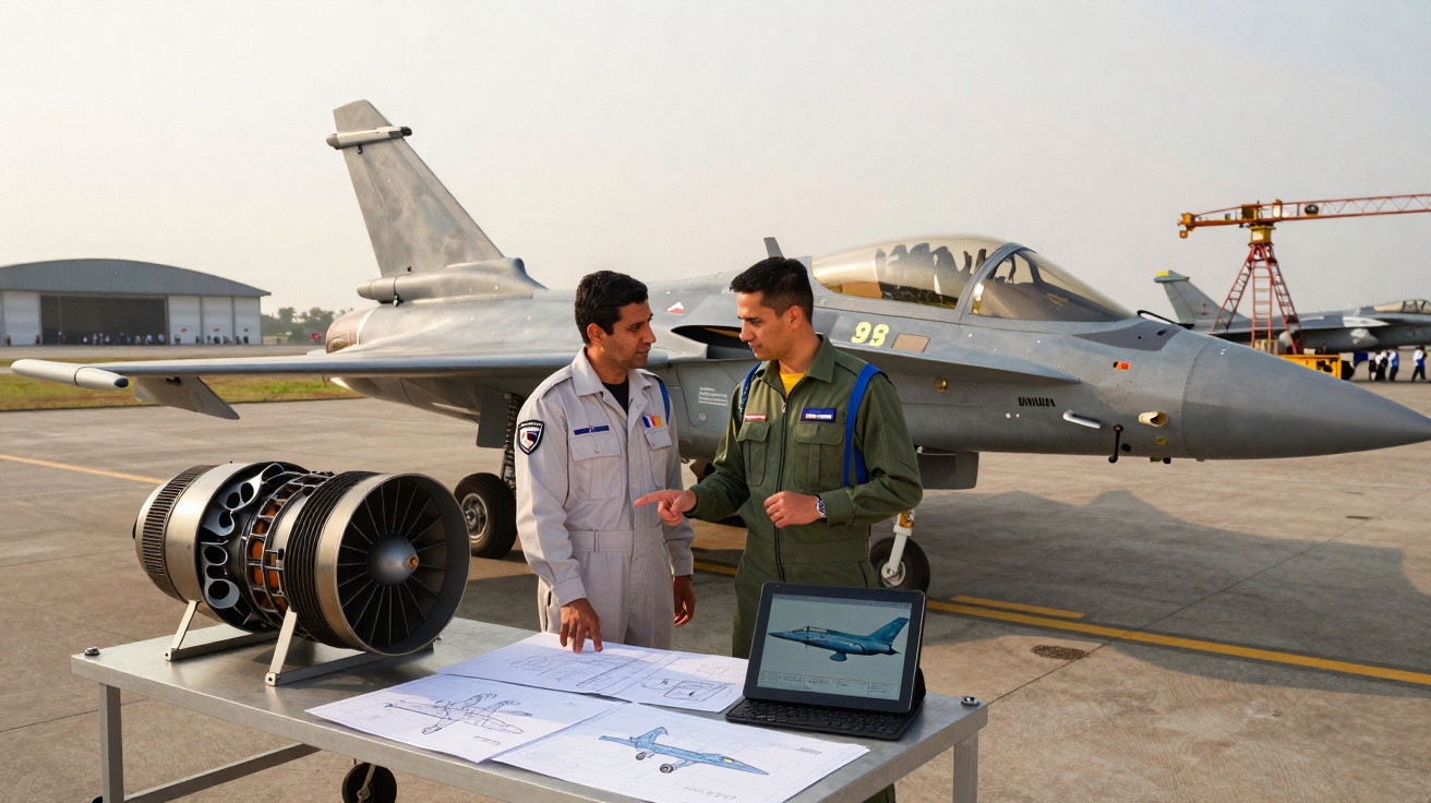 Dois técnicos em frente a um caça militar cinza discutem projetos e motor na pista de um aeroporto.