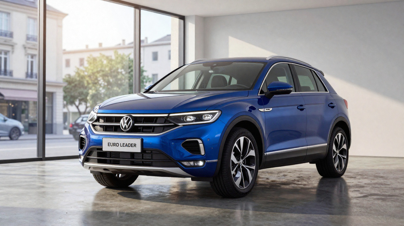 Carro SUV Volkswagen azul estacionado em ambiente interno com janela grande para rua urbana.
