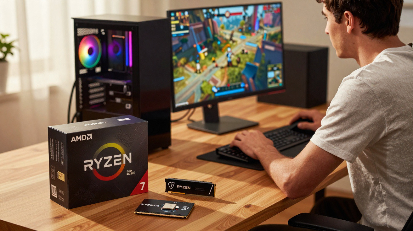 Homem jogando no computador com caixa e componentes Ryzen 7 AMD sobre a mesa de madeira.