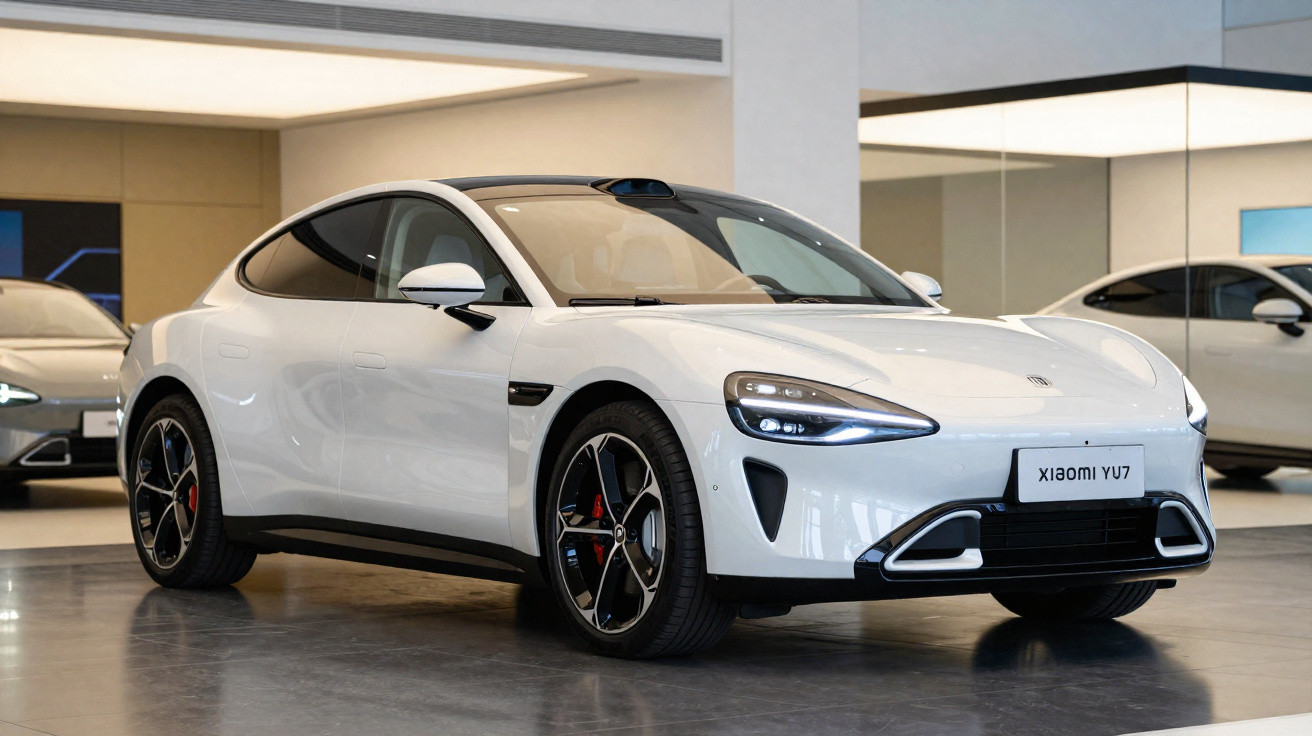 Carro esportivo elétrico branco Xiaomi em showroom moderno com iluminação interna e piso refletivo.