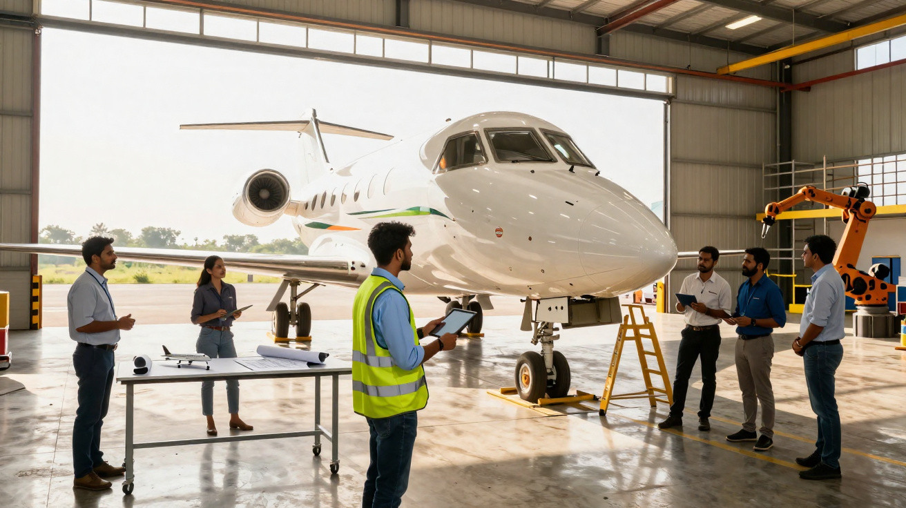 Equipe de técnicos inspecionando jato particular dentro de hangar durante manutenção.