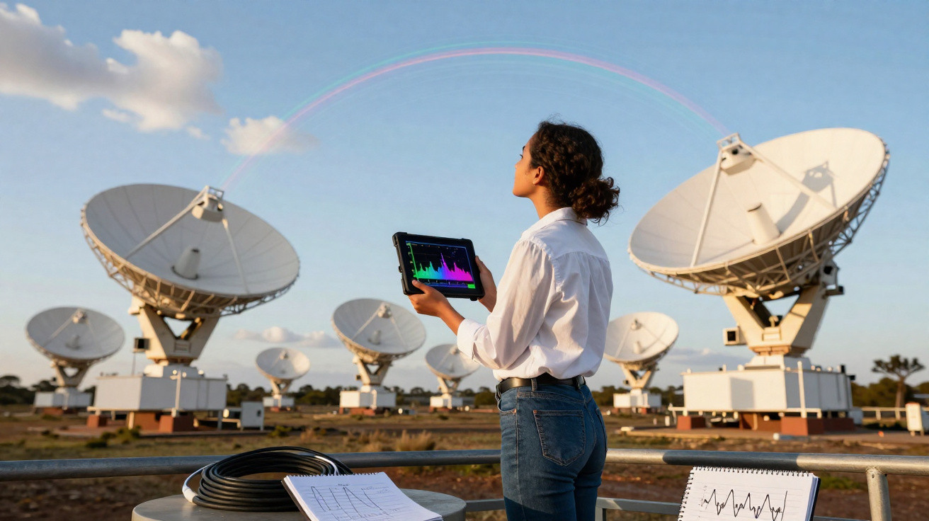 Mulher segurando tablet com gráficos, observando satélites parabólicos em campo aberto ao entardecer.