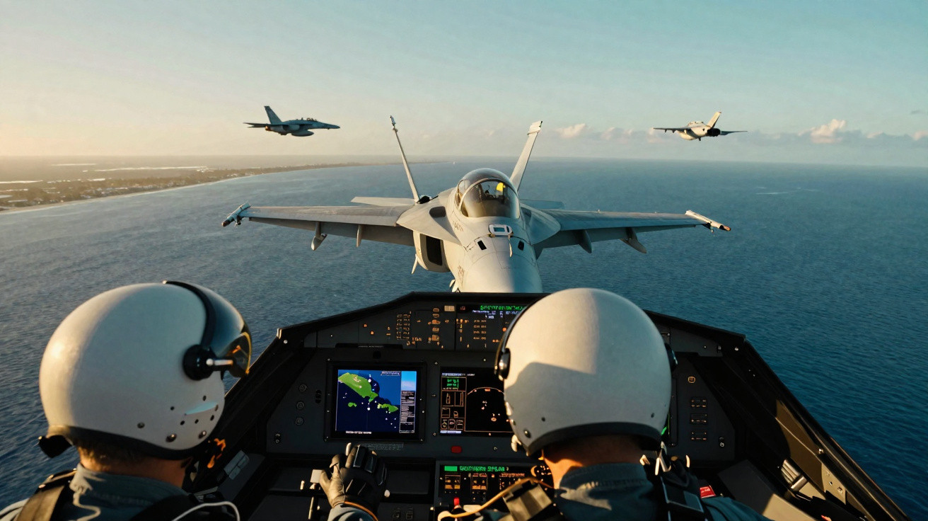 Pilotos em cockpit de caça com três jatos voando sobre o mar ao entardecer.