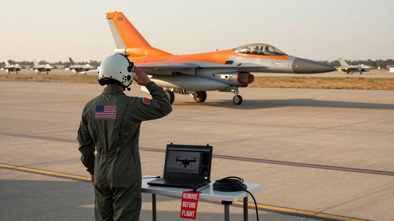 Militar com uniforme e capacete saúda caça F-16 com pintura laranja em pista de aeroporto militar.
