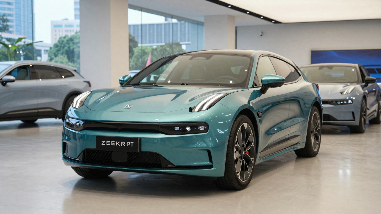 Carro elétrico azul em showroom, modelo esportivo com design moderno e rodas pretas detalhadas.