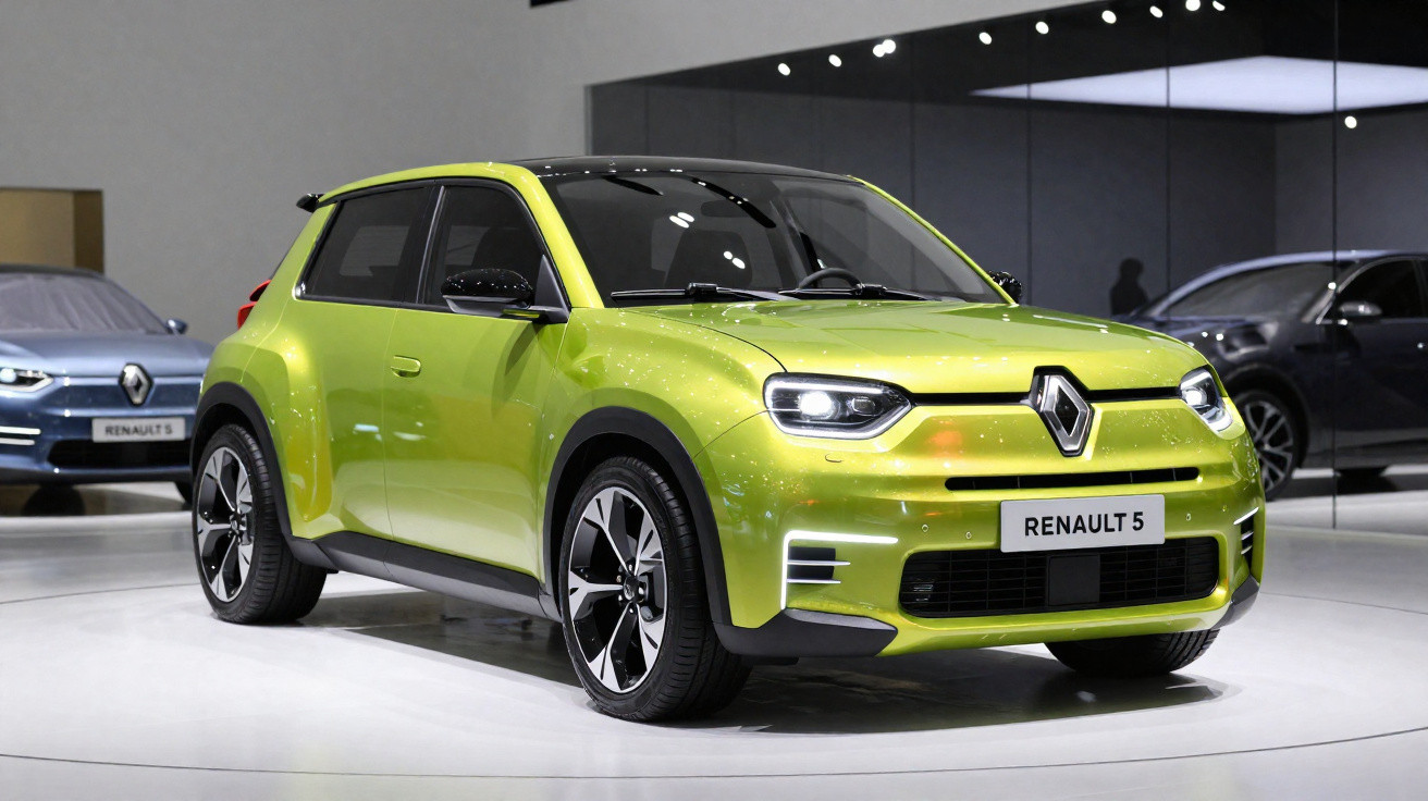 Carro Renault 5 verde limão exposto em salão de automóveis com fundo espelhado.