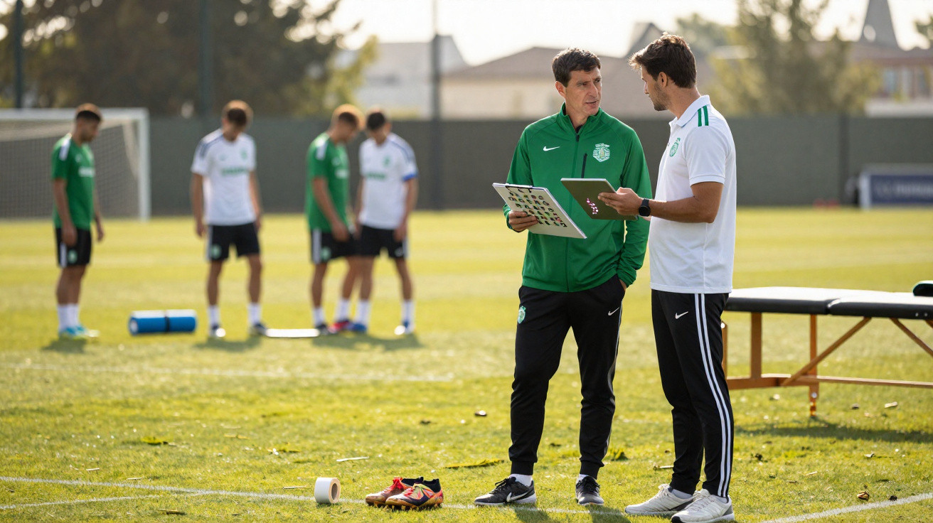 Dois treinadores discutem tática em campo, com jogadores ao fundo durante treino de futebol.