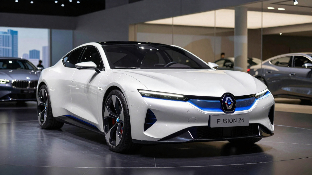 Carro esportivo elétrico branco Renault Fusion 24 exposto em salão automotivo moderno.
