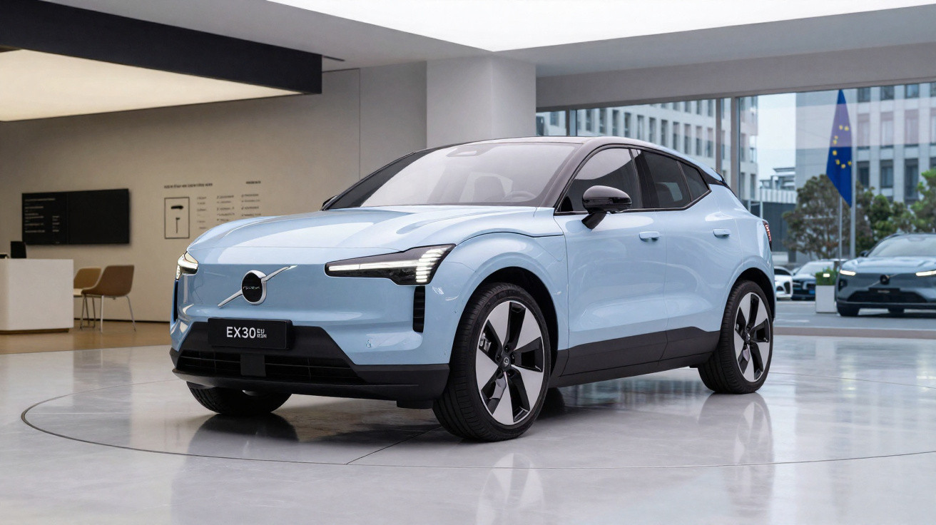 Carro elétrico Volvo EX30 azul claro exibido em showroom moderno com piso branco e fachada de vidro.