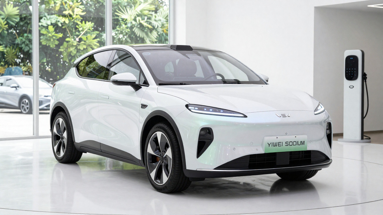Carro elétrico branco LEV Yiwei Sodium em showroom, carregador elétrico ao fundo junto à parede branca.