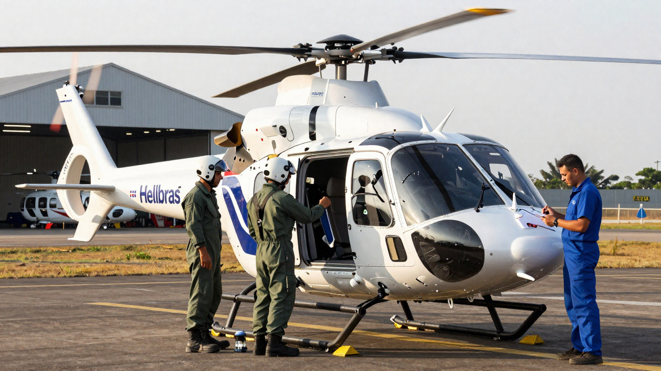 Helicóptero branco da Hellbrás com pilotos de farda verde e técnico em azul em pista de pouso.