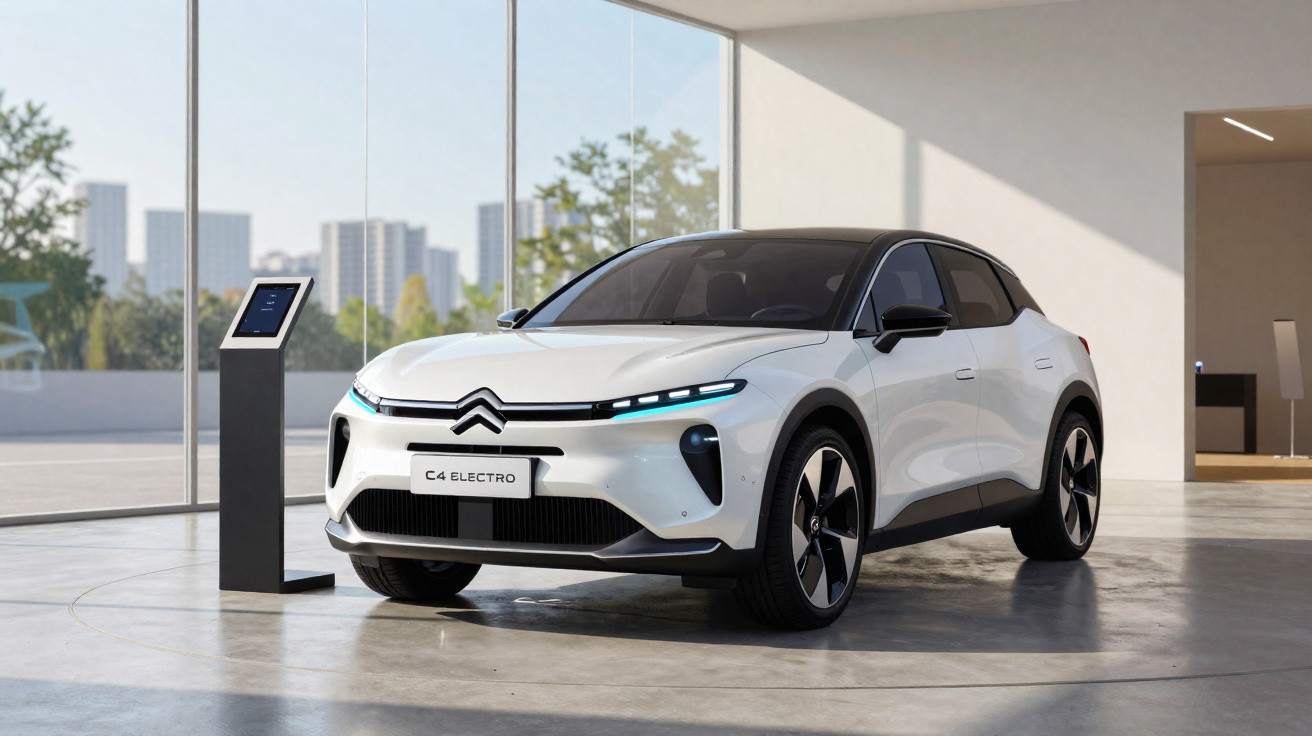 Carro elétrico branco Citroën C4 Electro em exposição em ambiente moderno com vidro e tecnologia.