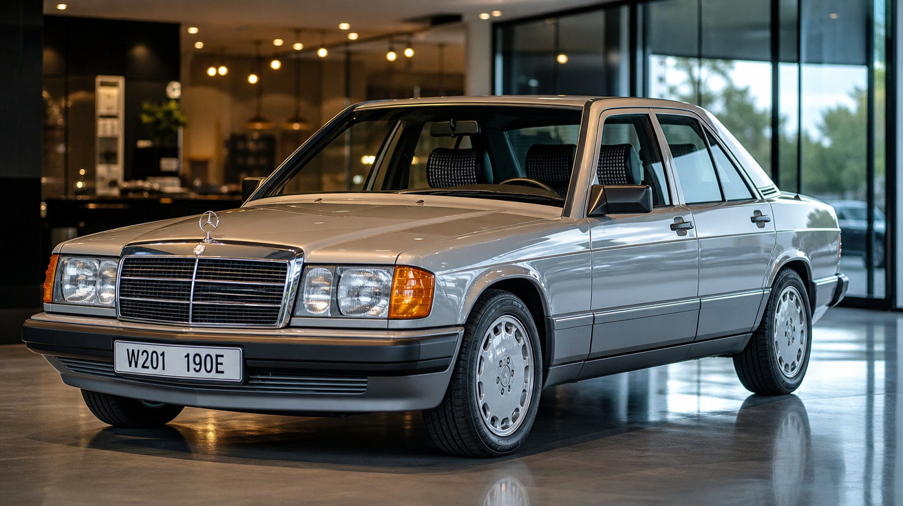 Carro Mercedes-Benz clássico modelo W201 190E cinza estacionado em ambiente interno iluminado.