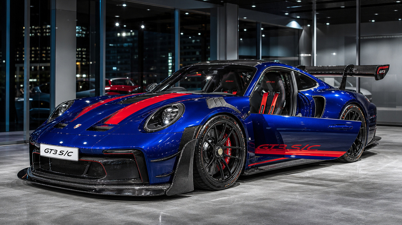 Carro esportivo Porsche GT3 S/C azul com faixas vermelhas, rodas pretas e porta aberta em showroom iluminado.