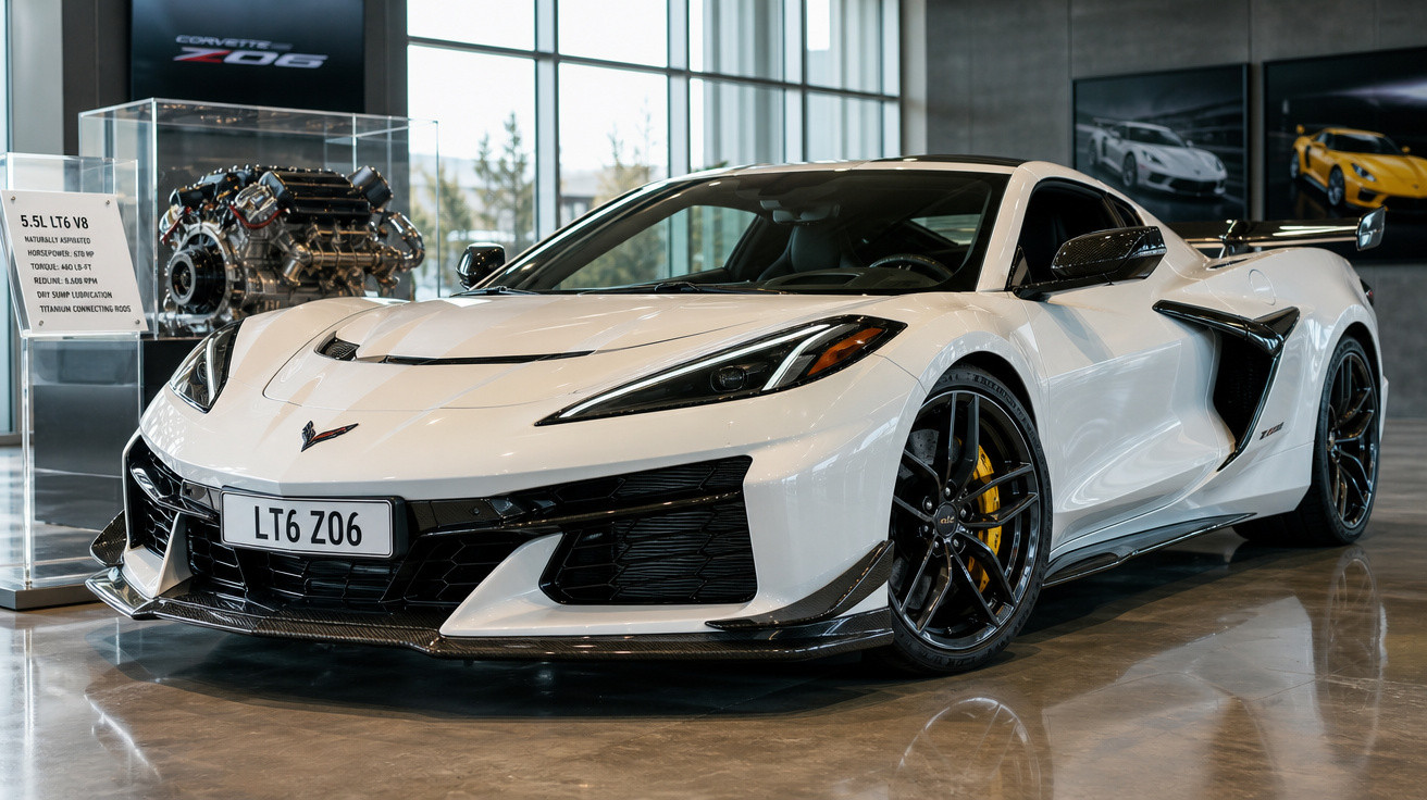 Carro esportivo branco Chevrolet Corvette Z06 estacionado em showroom moderno com motor exposto ao fundo.
