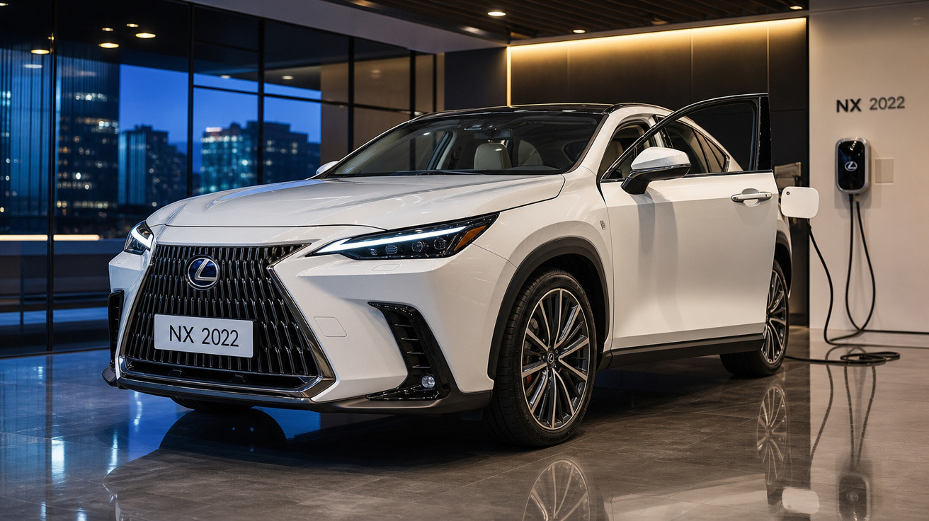 SUV branco Lexus NX 2022 estacionado em ambiente interno com estação de carregamento elétrico.