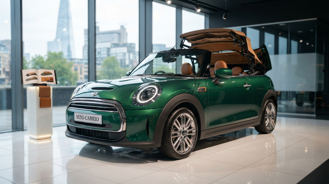 Carro Mini Cabrio verde com capota marrom em exibição em loja moderna com grande janela.