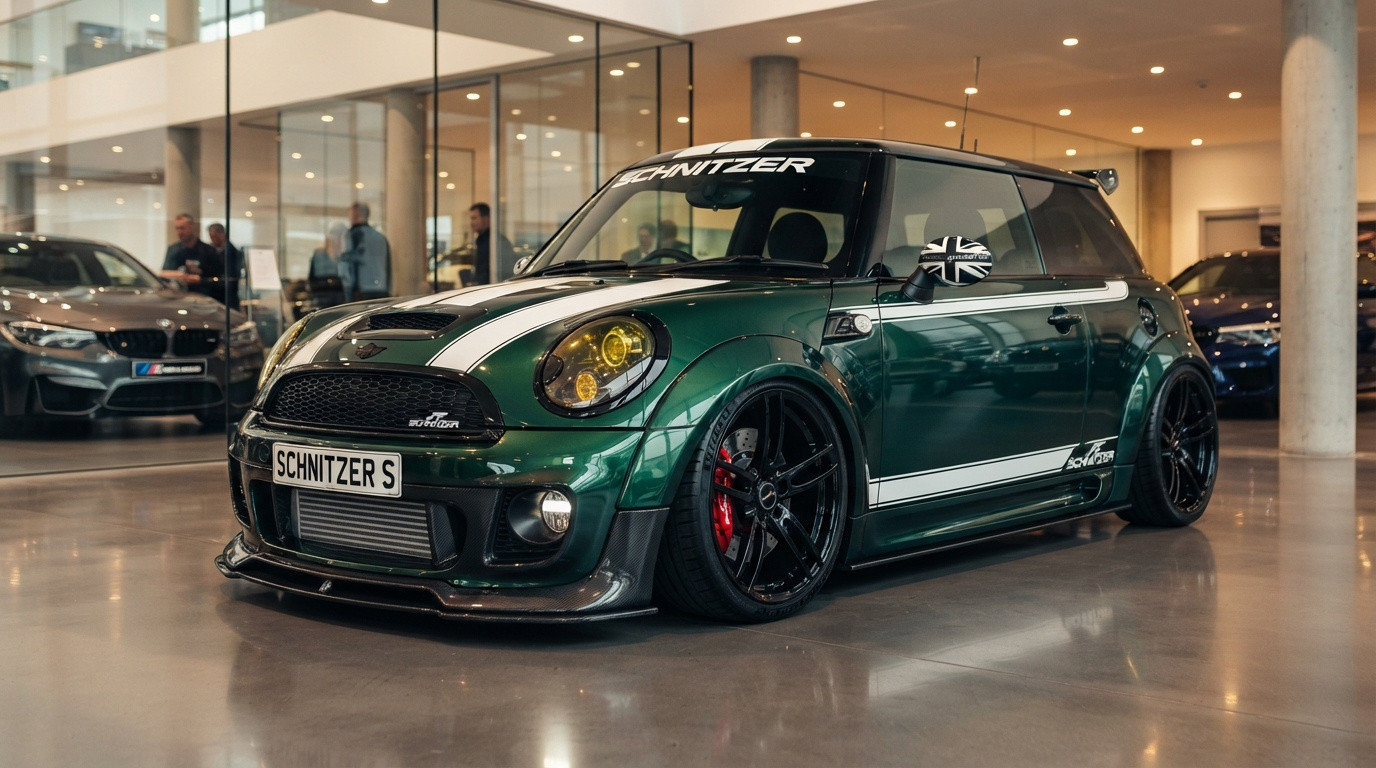 Carro Mini Cooper verde escuro com detalhes brancos em exposição interna com pessoas ao fundo.
