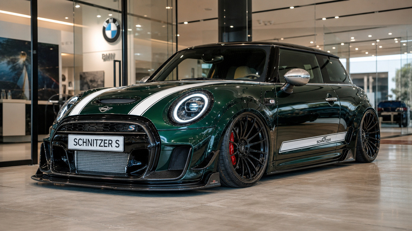 Carro esportivo Mini verde com detalhes brancos e rodas pretas exposto em showroom da BMW.