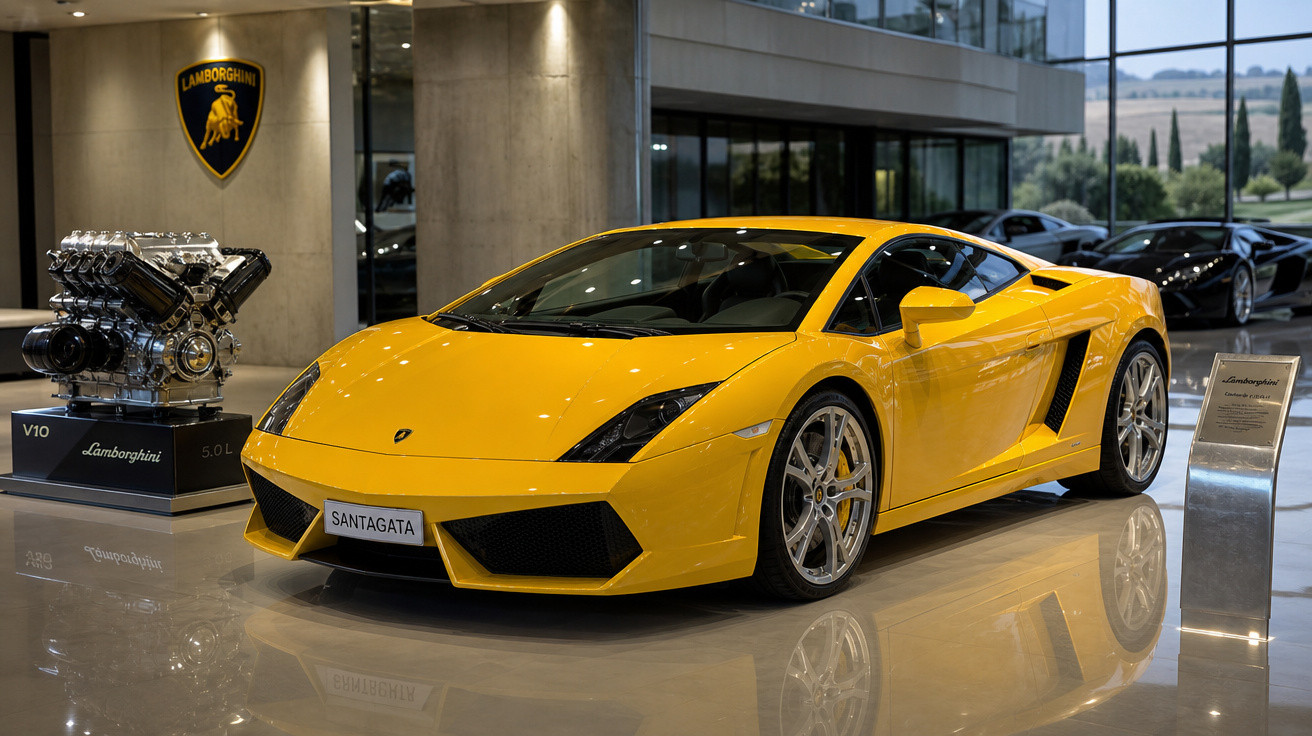 Carro esportivo amarelo Lamborghini estacionado em showroom com motor exposto ao lado e logo na parede.