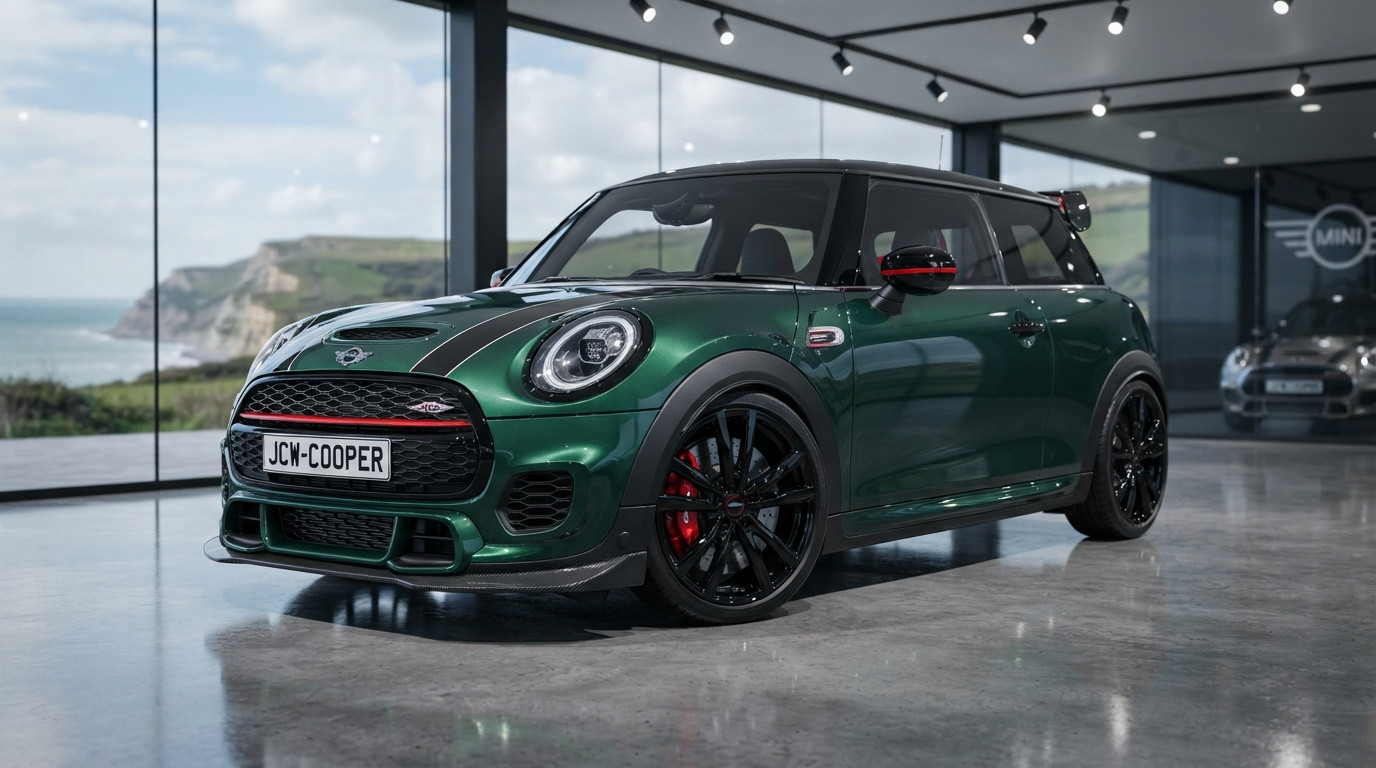 Carro esportivo Mini Cooper John Cooper Works verde em showroom moderno com paredes de vidro e vista para o mar.