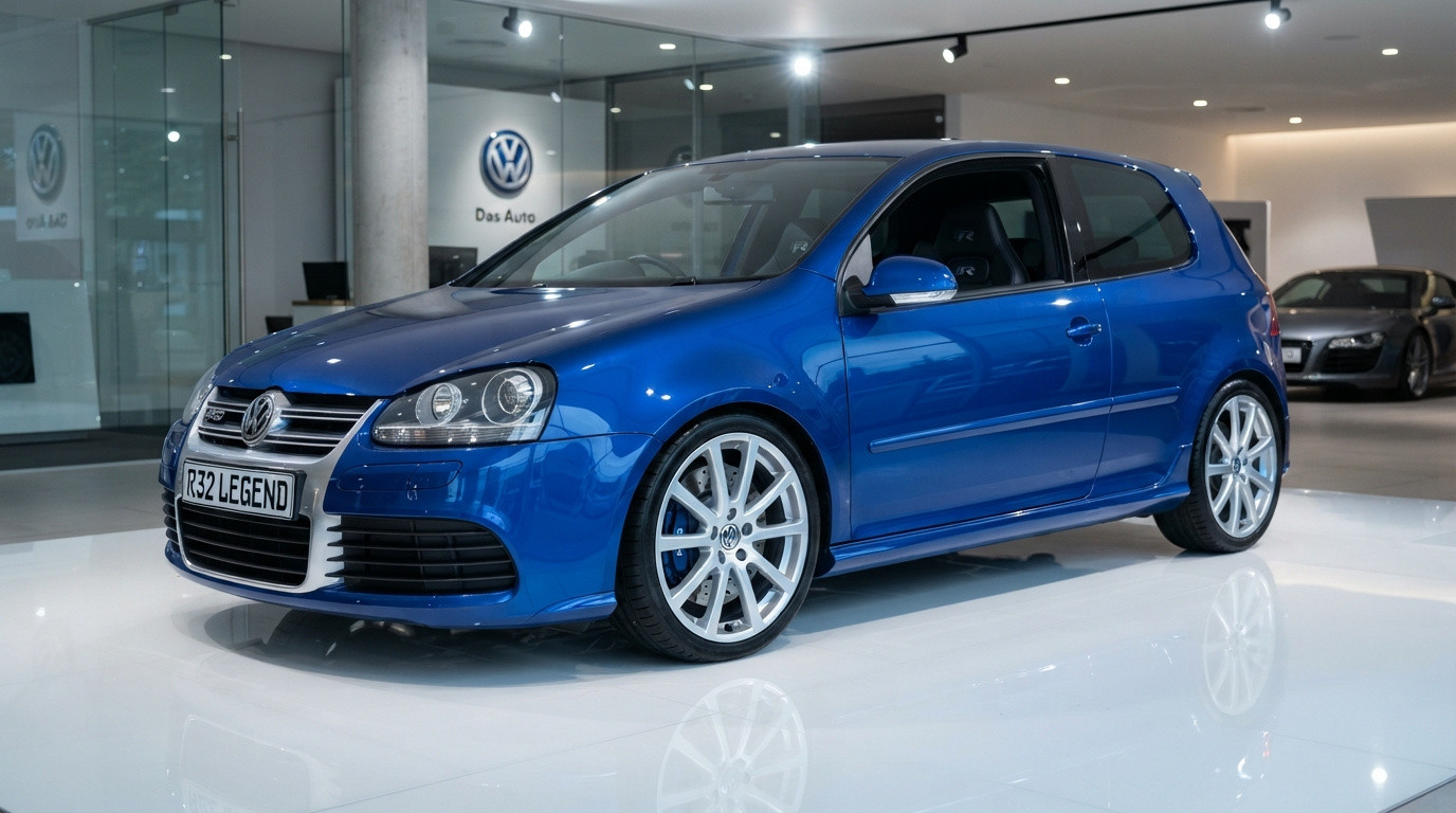Carro Volkswagen Golf R32 azul metálico exposto em showroom moderno e iluminado.