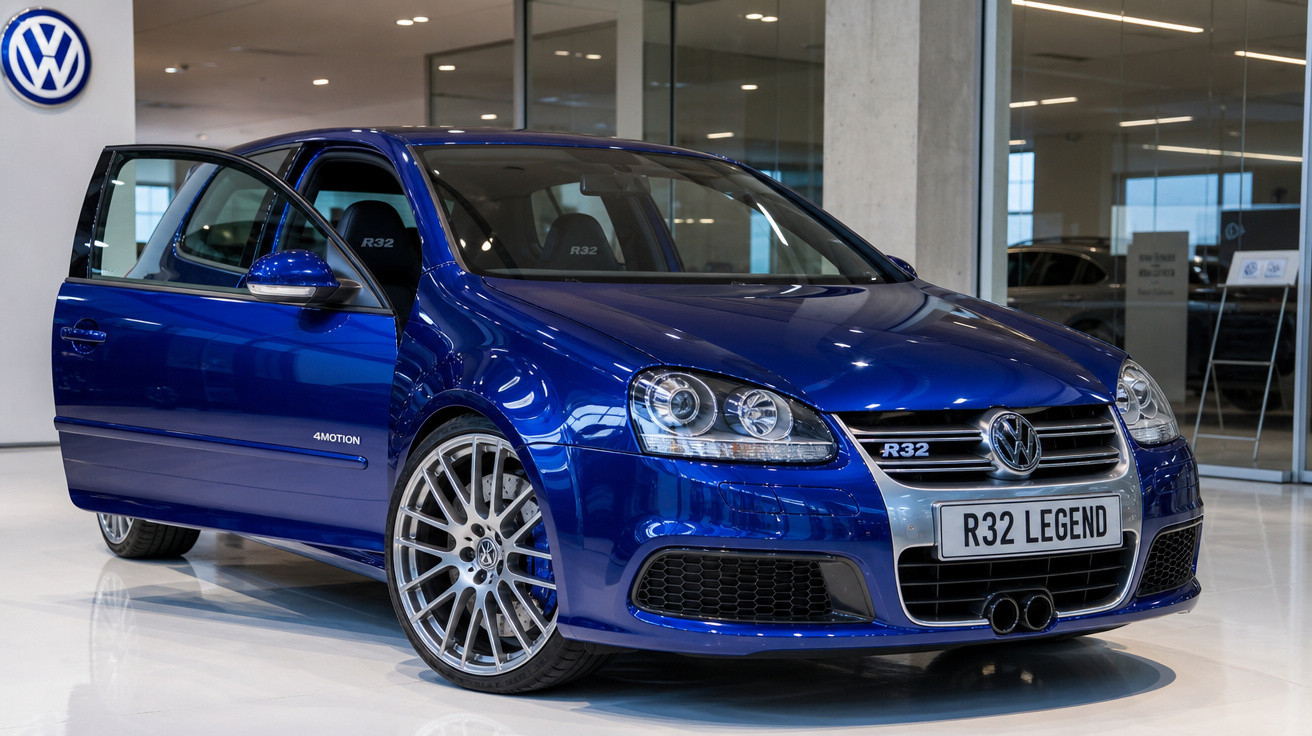 Carro Volkswagen Golf R32 Azul com porta dianteira aberta em showroom moderno.