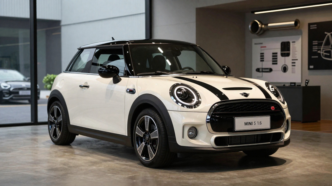 Carro Mini Cooper S 1.6 branco com teto preto exibido em ambiente interno moderno.