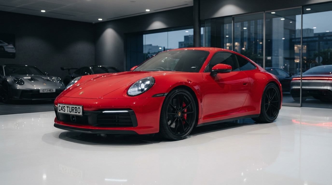 Carro esportivo vermelho Porsche 911 Turbo estacionado em showroom com piso branco e vidros ao redor.