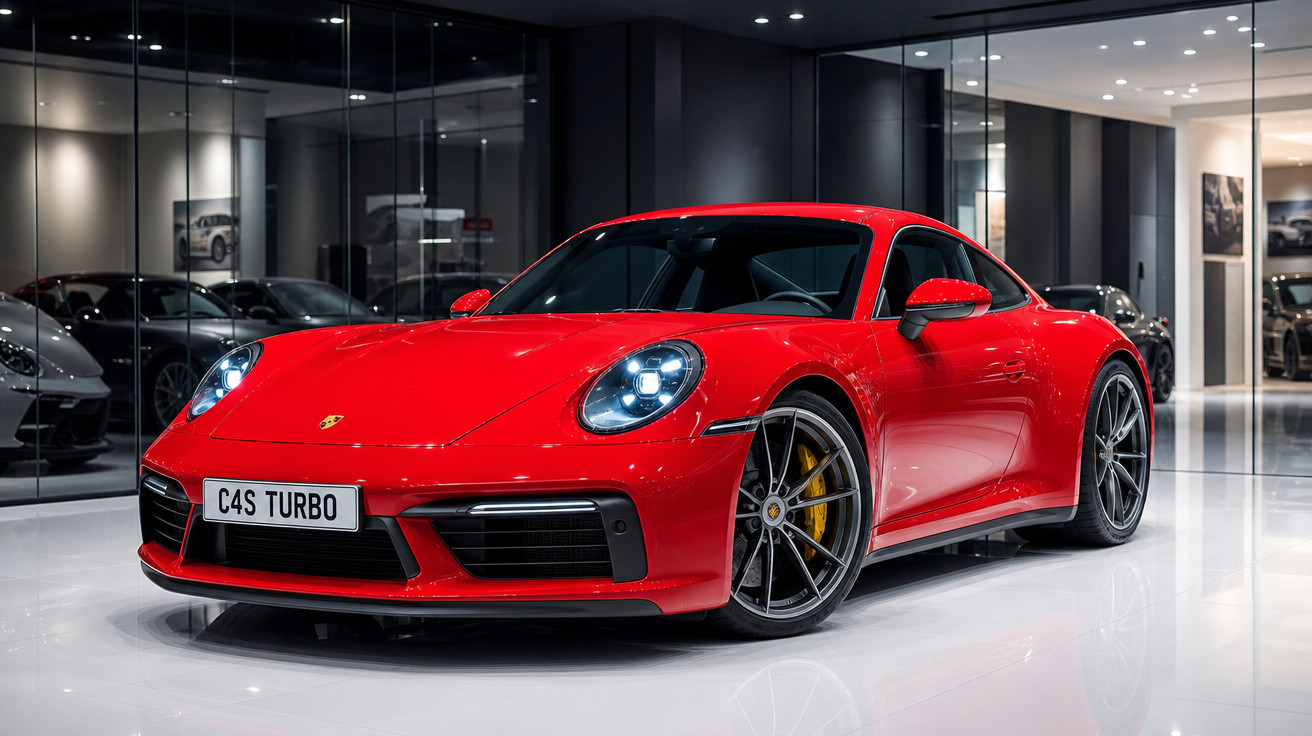 Carro esportivo Porsche 911 vermelho C4S Turbo em showroom moderno com piso branco brilhante.