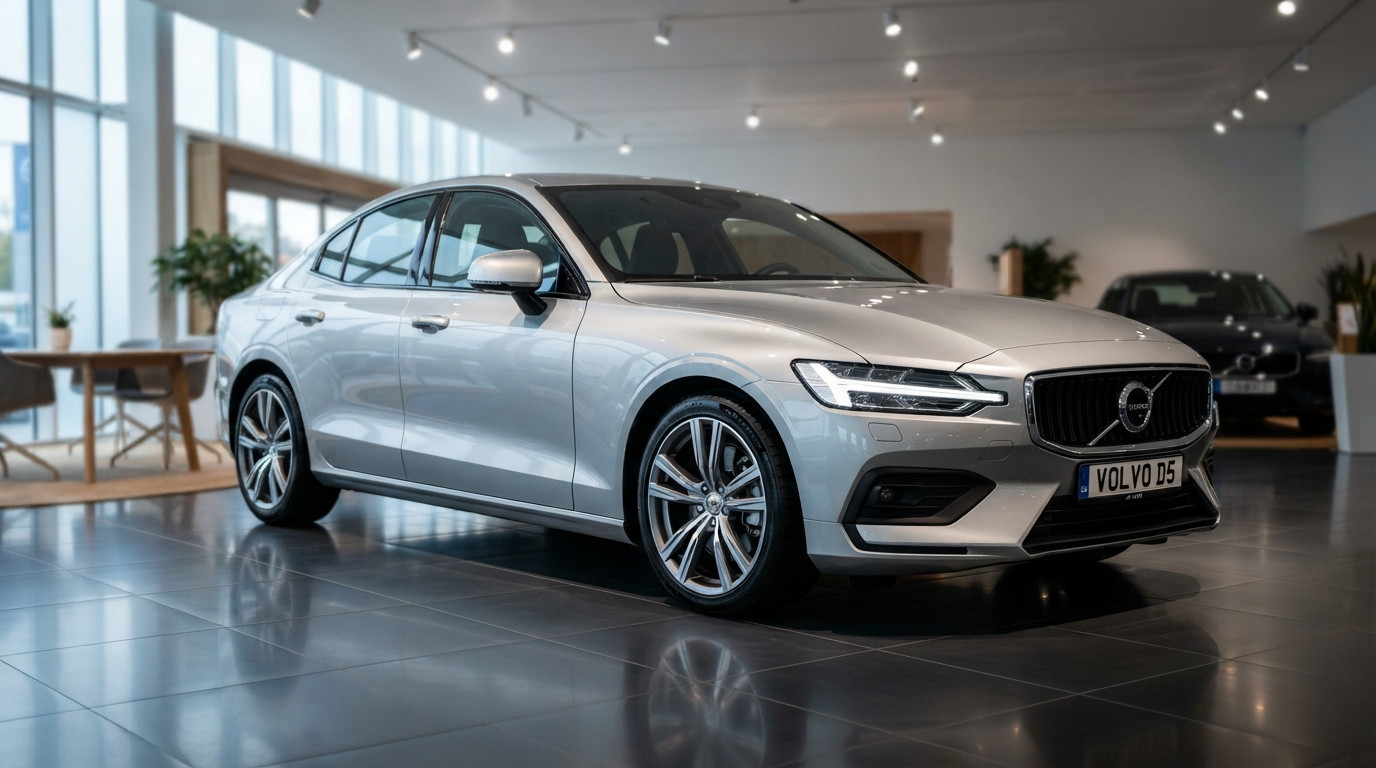 Carro sedã prata Volvo D5 exposto em showroom moderno com piso de cerâmica brilho.