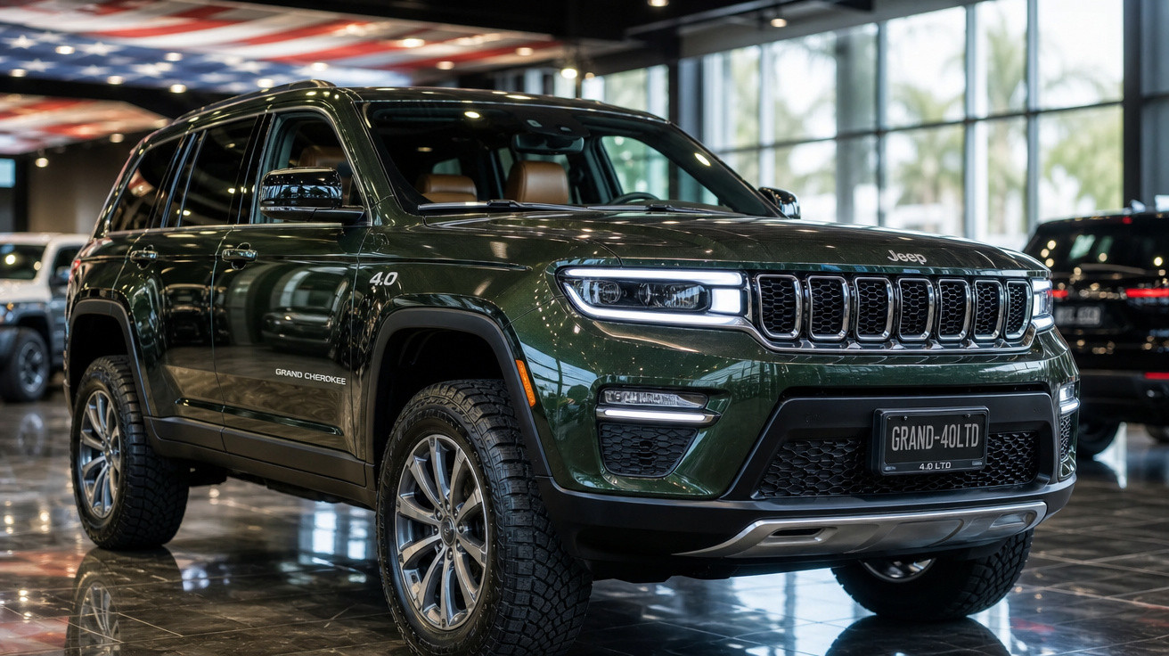 Jeep Grand Cherokee verde escuro 4.0 LTD em showroom com teto refletivo e vidro ao fundo.