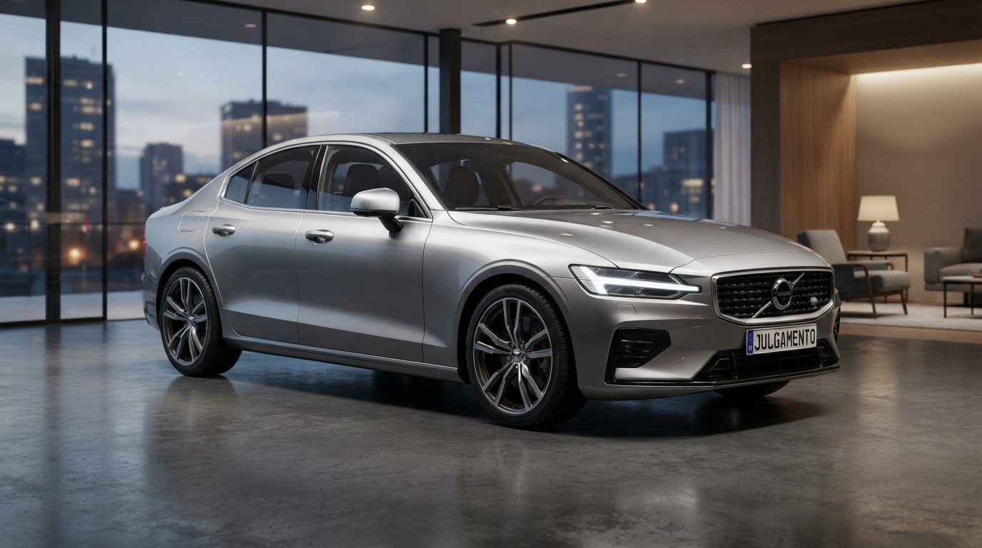Carro sedan prata Volvo estacionado em ambiente interno moderno com janelas de vidro e mobiliário contemporâneo.