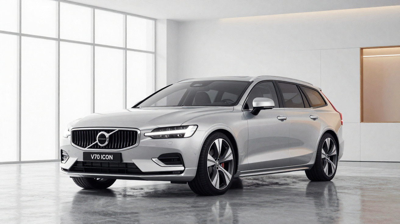 Carro prata Volvo V70 ICON estacionado em ambiente interno com piso de concreto polido.