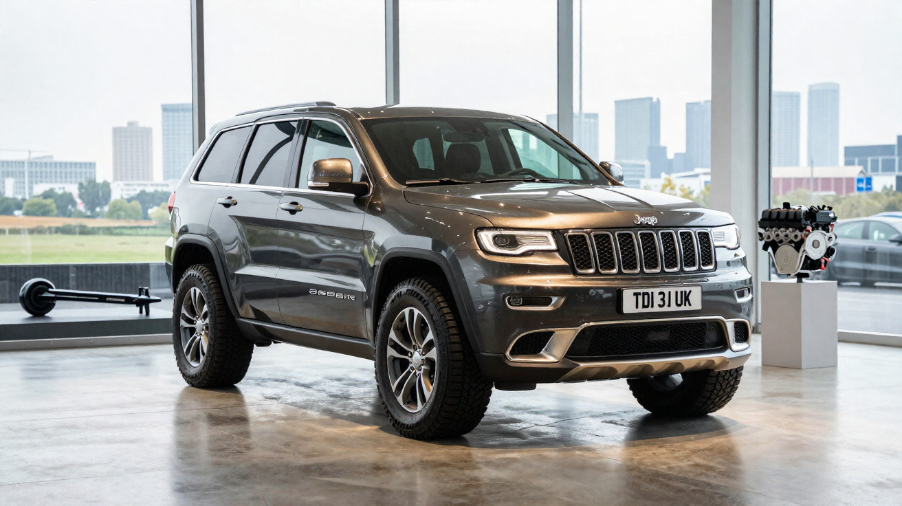 Jeep Grand Cherokee cinza estacionado em showroom com grande janela e motor exposto ao fundo.