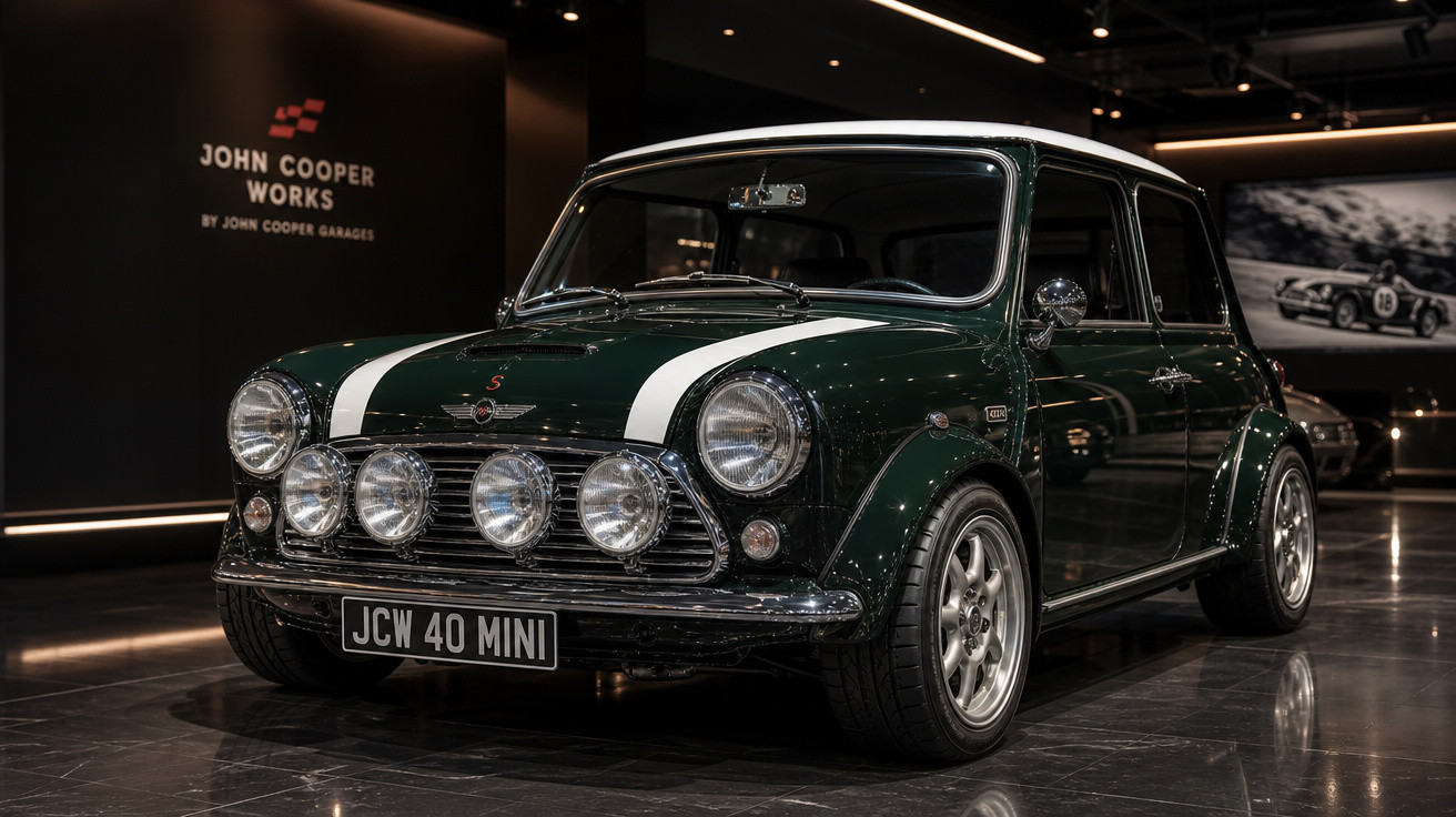 Carro Mini Cooper clássico verde com listras brancas e faróis extras em exibição no showroom John Cooper Works.
