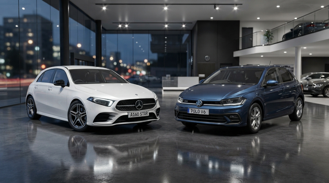 Concessionária com dois carros hatch, Mercedes branca e Volkswagen azul, em piso reflexivo interno à noite.