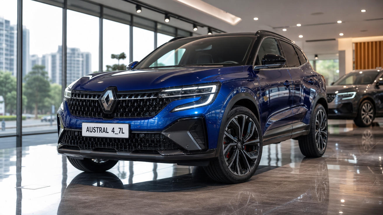 Carro SUV Renault azul modelo Austral 4_7L em showroom com piso espelhado e mais veículo no fundo.